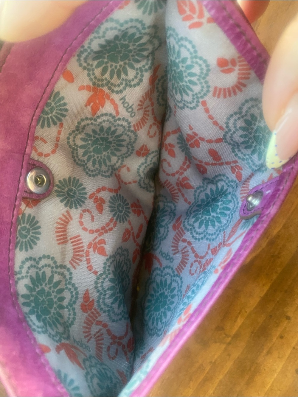 HOBO Purple Leather Multi card Wallet with Teal Floral Lining - Picture 4 of 8